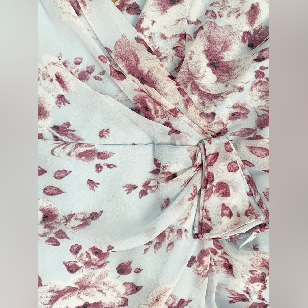 Bardot Floral Mermaid Midi Dress Faux Wrap Blue Burgundy Wedding Guest Fairy M - Picture 3 of 10